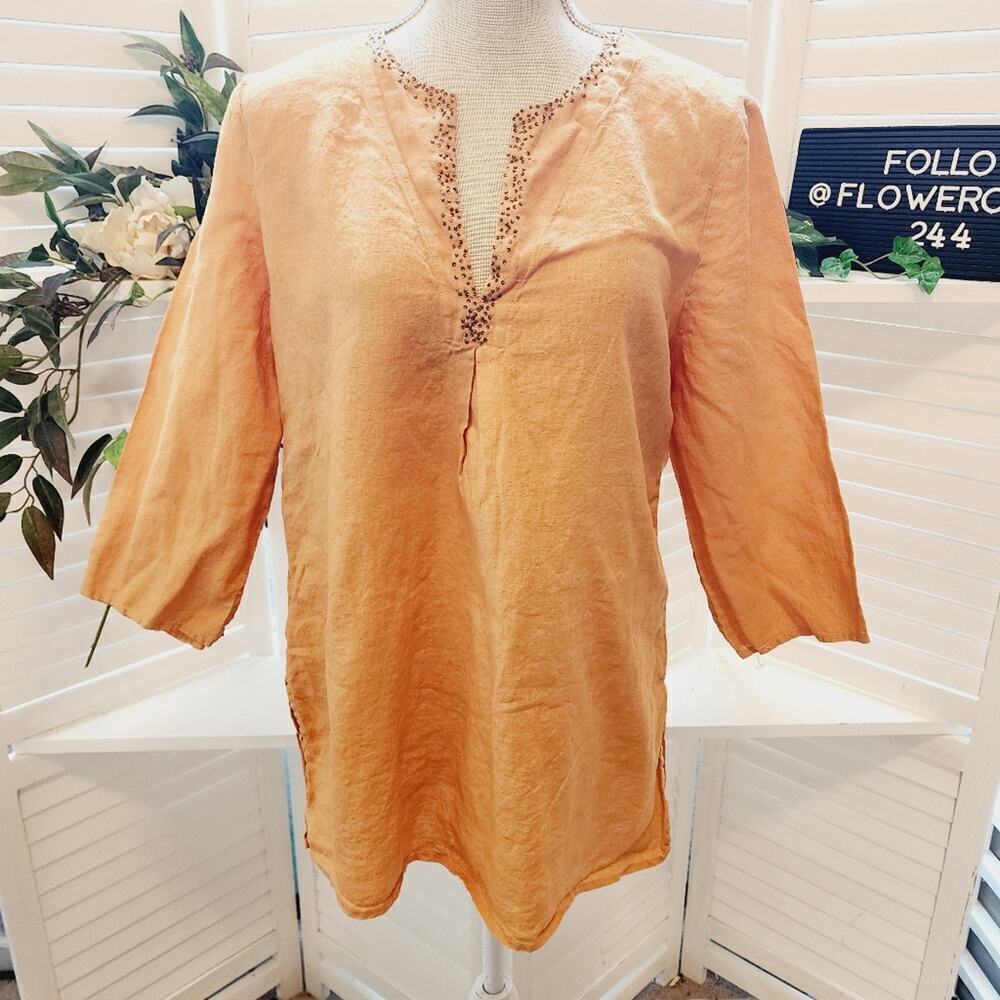 EILEEN FISHER LINEN EMBELLISHED MUSTARD V NECK TOP SIZE MED